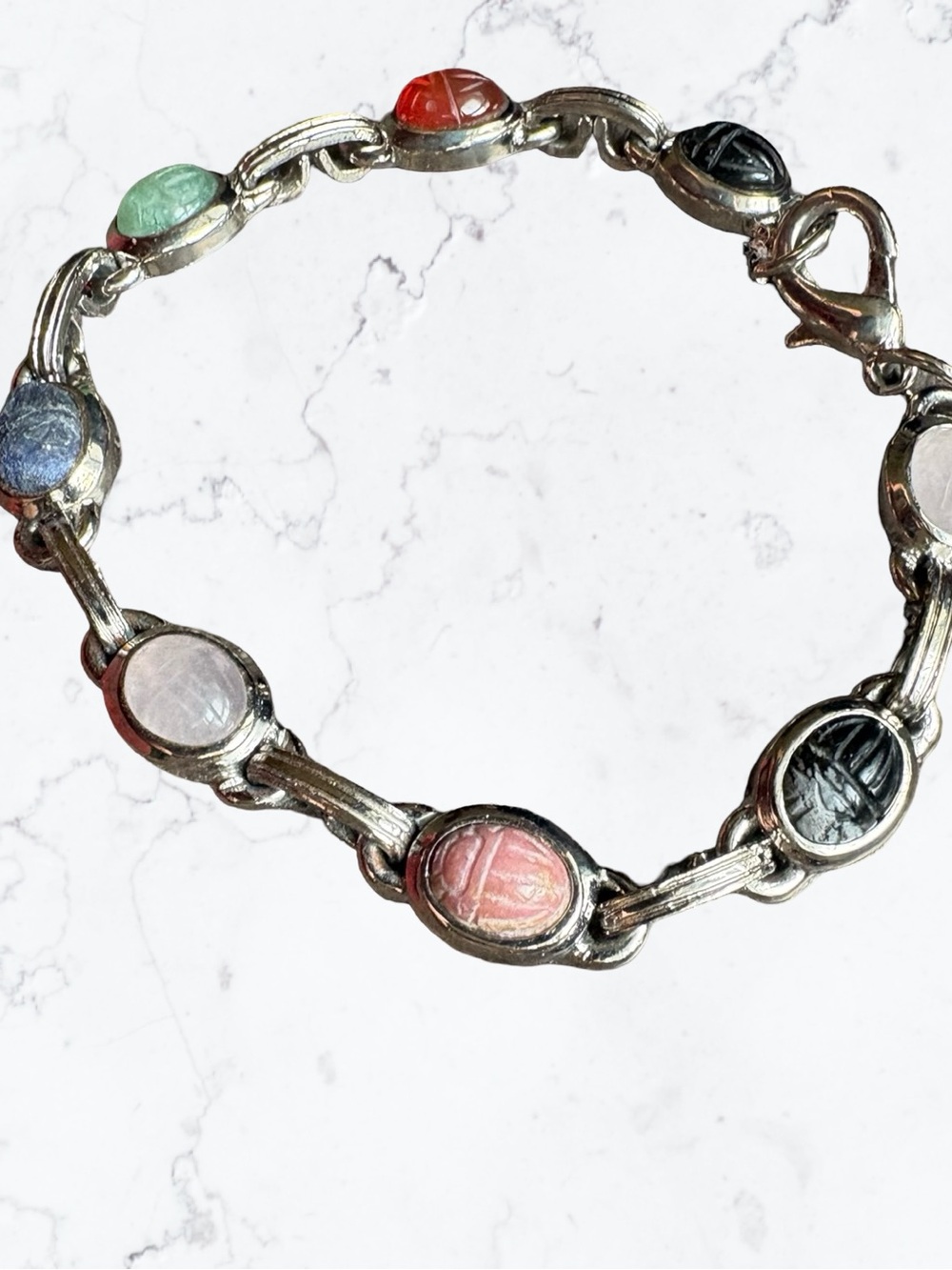 Egyptian Scarab Revival Multi-Color Scarab Link Bracelet - Silver Tone - Picture 3 of 4